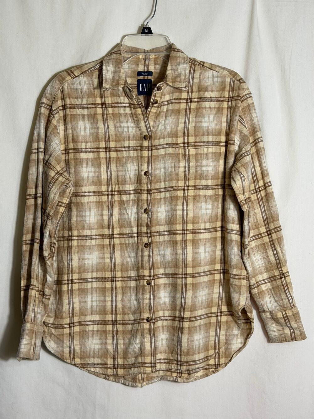 Gap Big Shirt Flannel Women’s XS Beige Brown Plaid 100% Cotton Button Front